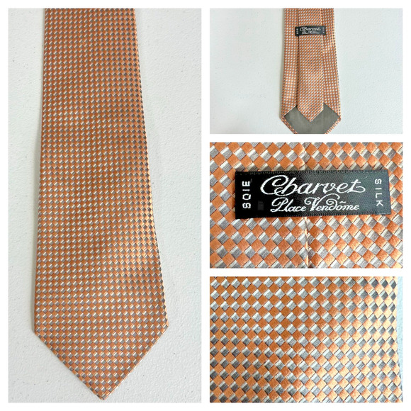 Charvet Place Vendome Men's Tie Checkered Basket Weave Gold Silk 3.75" x 57" - Picture 1 of 16